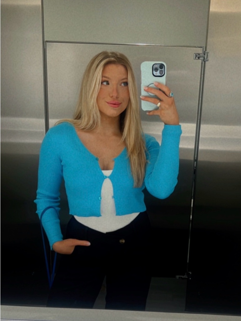 OAK + FORT Cropped Button Cardigan - Bright Turquoise